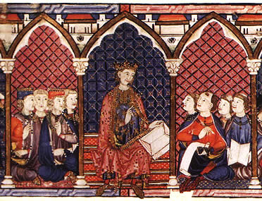 Ilustraci&oacute;n de un rey y su corte en las Cantigas de Alfonso X el Sabio