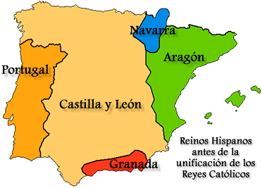 Mapa de los reinos hisp&aacute;nicos a finales del siglo XV antes de la unificaci&oacute;n de los Reyes Cat&oacute;licos.
