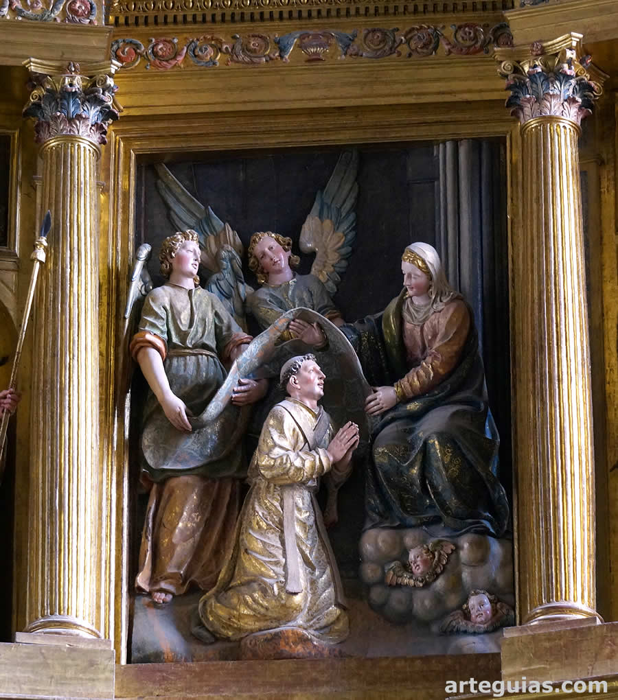 Representación en el retablo de la imposición de la casulla a San Ildefonso