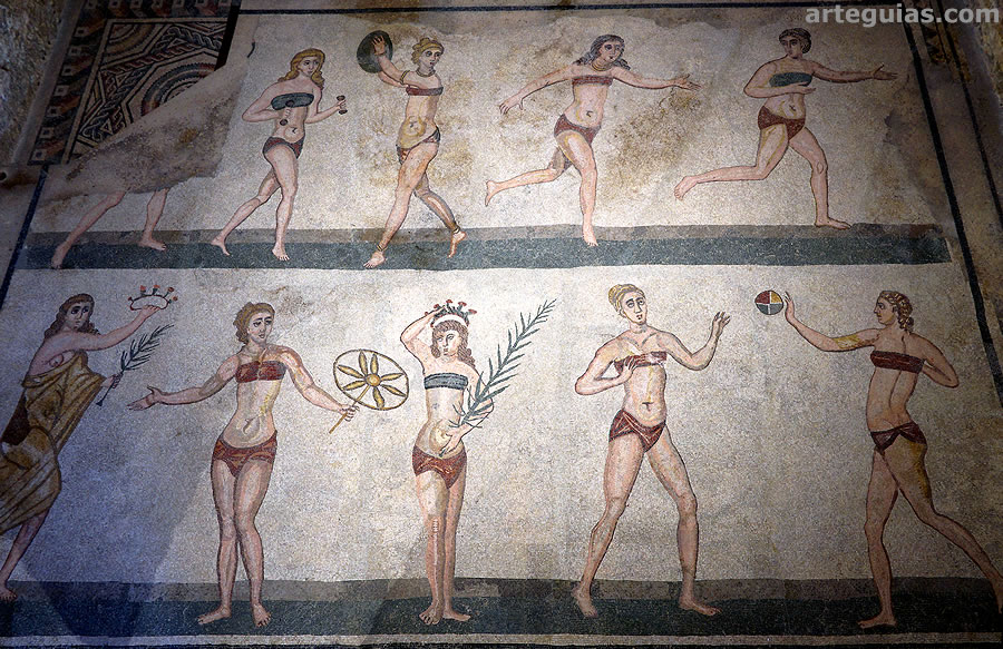 Mosaico emblemático de mujeres practicando competiciones deportivas.
