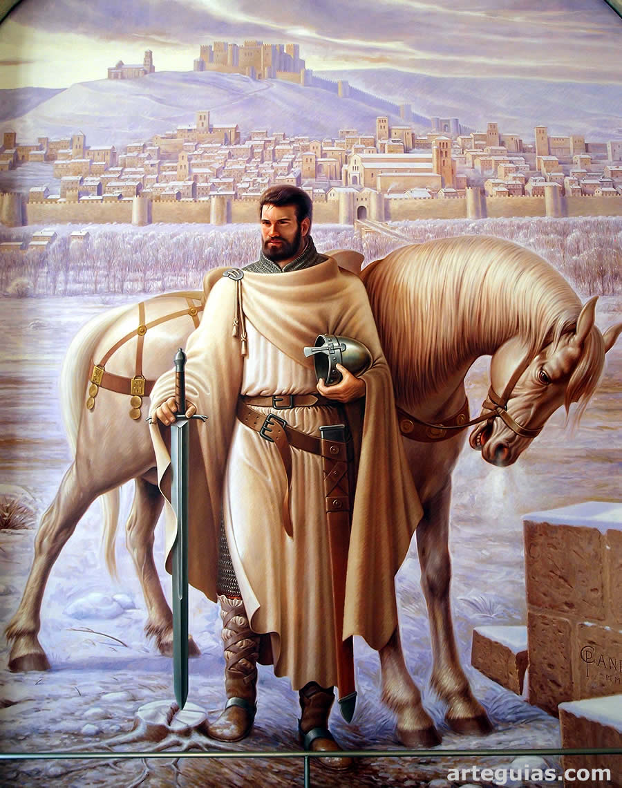 Representación idealizada de El Cid con la ciudad de Burgos al fondo