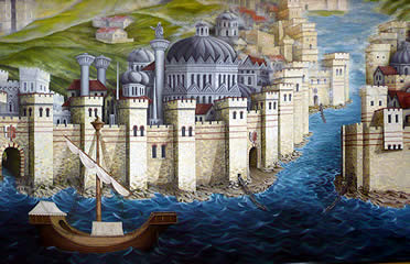 Recreaci&oacute;n de Constantinopla en el momento de la conquista latina