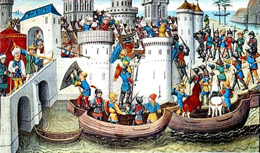 Miniatura que representa la conquista de Constantinopla por los cruzados
