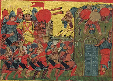 Asedio de Atenas por las tropas bizantinas de Alejandro el Grande.  Ilustraci&oacute;n del siglo XIV
