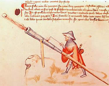 L&aacute;mina del Tratado Bellifortis (s. XV). Las armas de proyectil trajeron consigo nuevas estrategias militares en la guerra de la Baja Edad Media. 