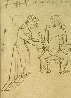 Mujer medieval curando a un hombre