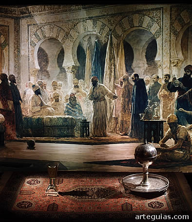 Pintura de una recepci&oacute;n del califa en Medina Azahara. Recreaci&oacute;n el la Calahorra de C&oacute;rdoba