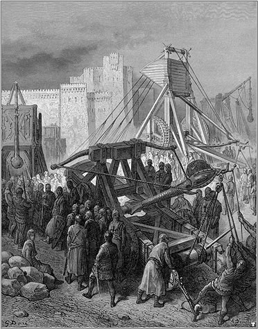 Poliorc&eacute;tica: grabado de Gustave Dor&eacute; recreando armas de asedio medievales en las Cruzadas