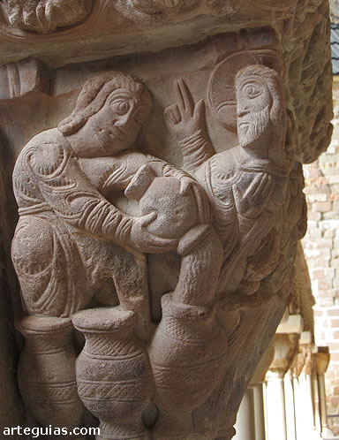 Claustro de San Juan de la Pe&ntilde;a: capitel con el milagro en las Bodas de Can&aacute;