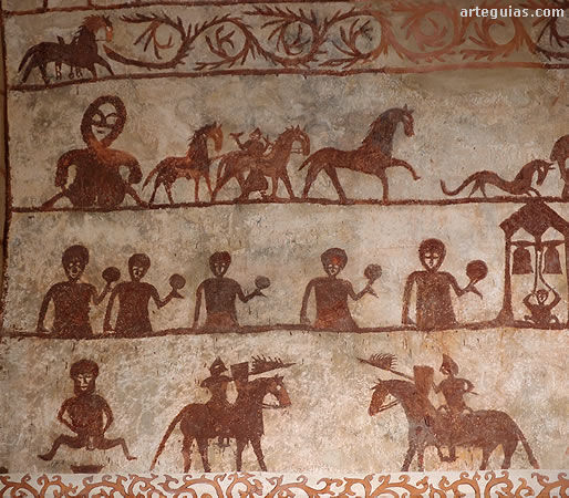 Ciclo pictórico con un personaje abajo a la izquierda que podría ser una mujer parturienta o el diablo pariendo el mal