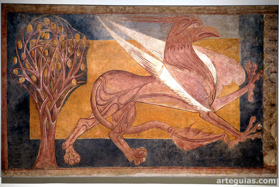 Pintura de la sala capitular del monasterio románico de San Pedro de Arlanza que representa un grifo delante de un árbol